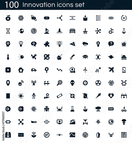 Innovation icon set with 100 vector pictograms. Simple filled technology icons isolated on a white background. Good for apps and web sites.