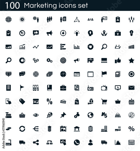 Marketing icon set with 100 vector pictograms. Simple filled business icons isolated on a white background. Good for apps and web sites.