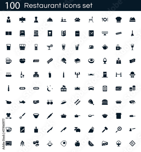 Restaurant icon set with 100 vector pictograms. Simple filled food icons isolated on a white background. Good for apps and web sites.