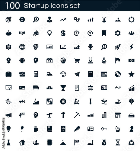 Startup icon set with 100 vector pictograms. Simple filled business isolated on a white background. Good for apps and web sites.