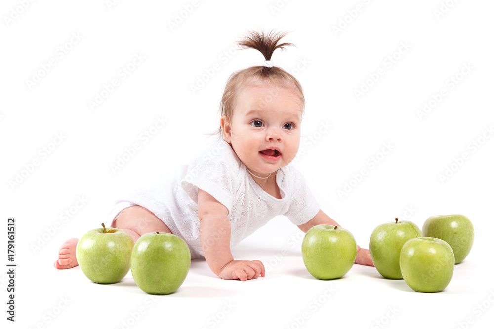 cute cheerful little girl in white shirt near apples cute cheerful little girl in white shirt near apples