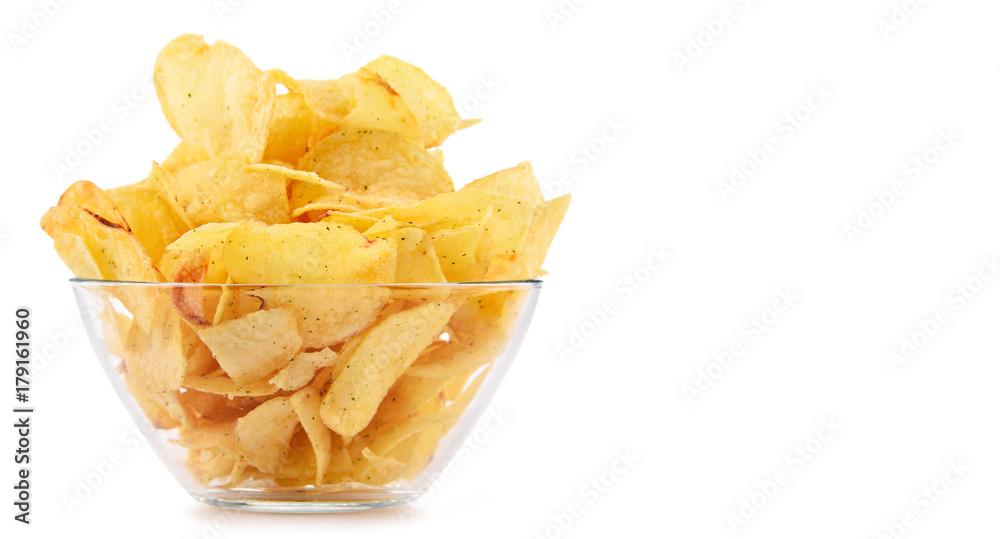 Bowl of potato chips isolated on white background Bowl of potato chips isolated on white background