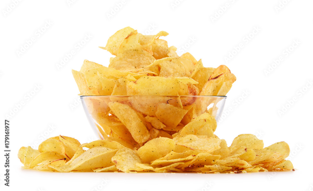 Bowl of potato chips isolated on white background Bowl of potato chips isolated on white background