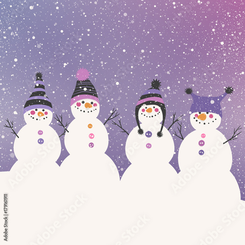 Vector greeting card with snowmen. Merry Christmas and Happy New Year postcard.