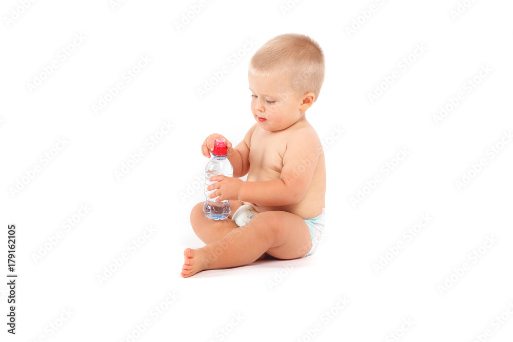 cute happy baby boy with bottle of water cute happy baby boy with bottle of water