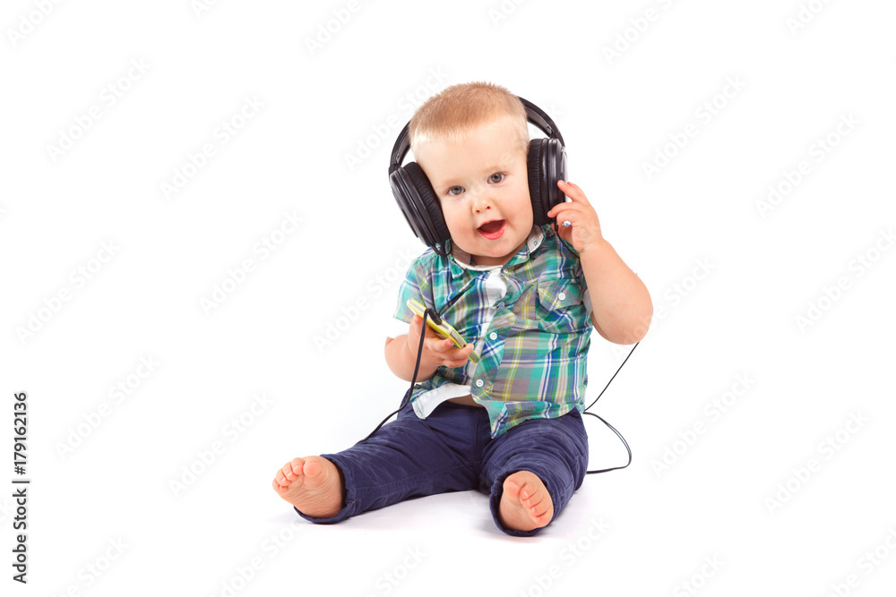 cute happy baby boy with headphones cute happy baby boy with headphones