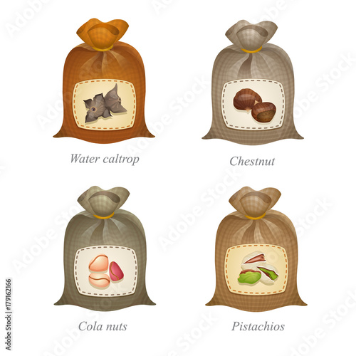 Tied sacks with nuts icons on them / Four tied sacks with water caltrop, chestnut, cola nuts, pistachios icons and names under them
