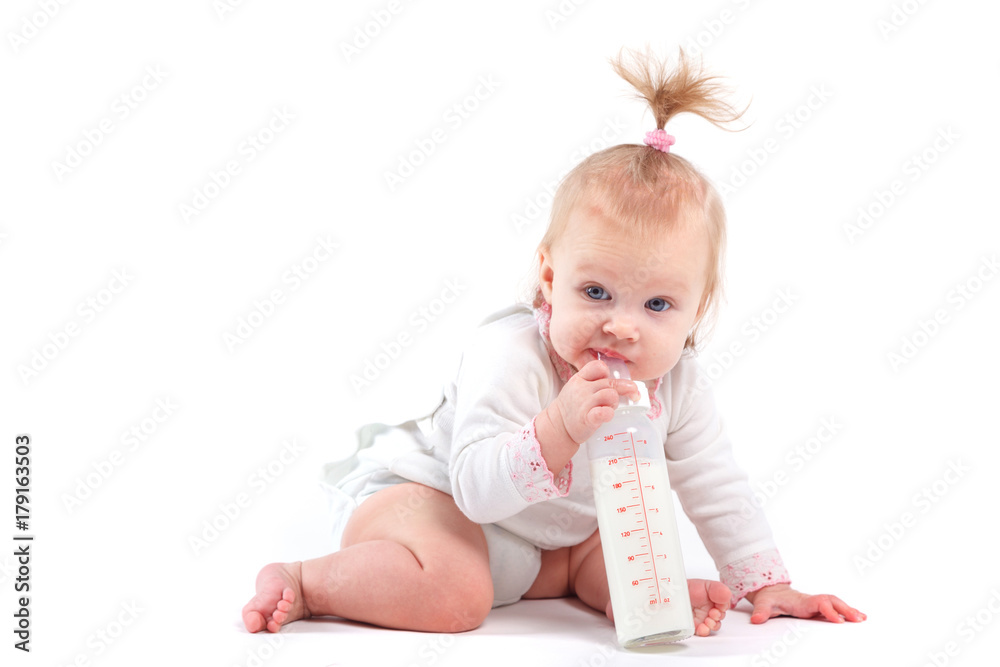 cute happy little girl in white shirt with milk cute happy little girl in white shirt with milk