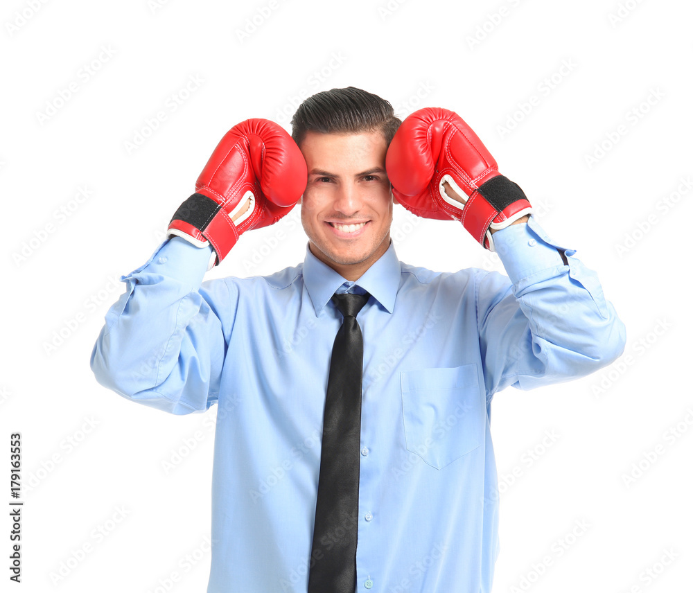 Businessman in boxing gloves on white background Businessman in boxing gloves on white background