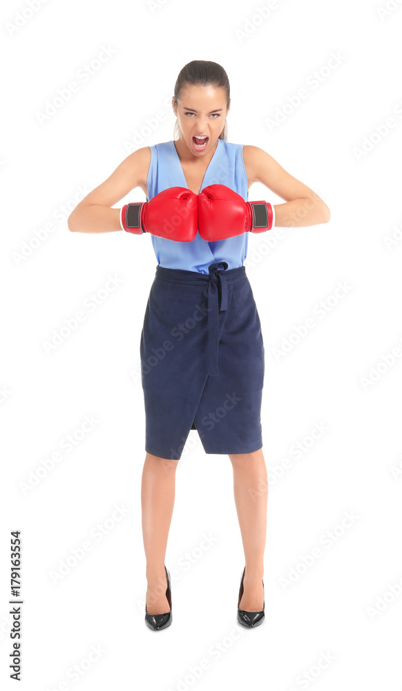 Businesswoman in boxing gloves on white background Businesswoman in boxing gloves on white background
