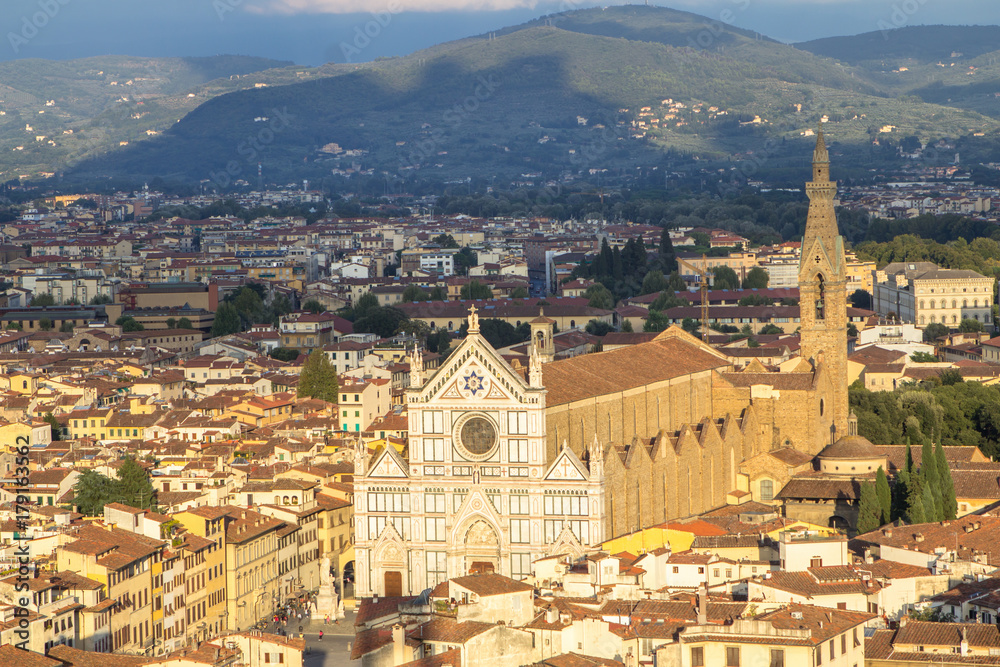 View to the Santa Croce cathedral and the Florence city, Italy