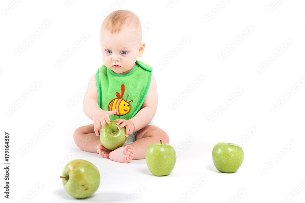 cute cheerful little boy with apples cute cheerful little boy with apples