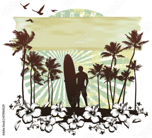 summer circle scene with hibiscus surfer and palms
