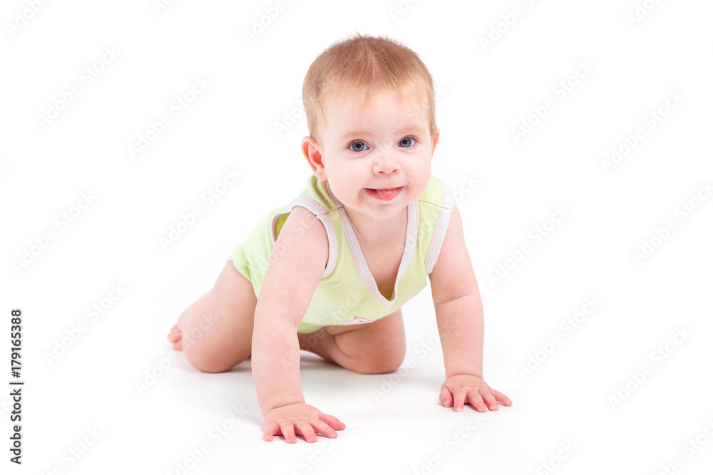 cute beautiful baby boy in green shirt stand on all fours cute beautiful baby boy in green shirt stand on all fours