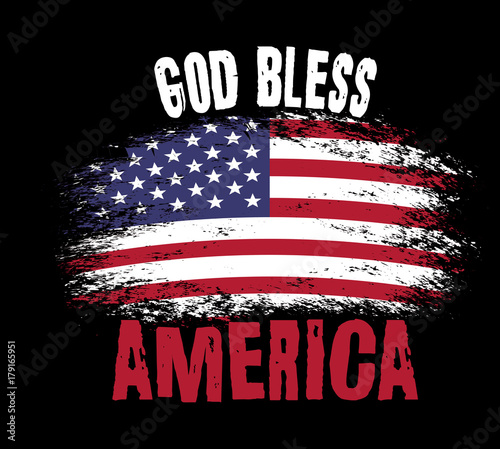 God bless America. Vector Typography illustration with american flag on black background. T-shirt print