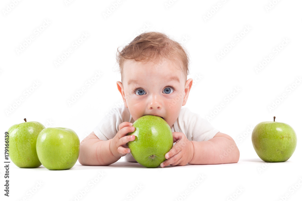 cute happy little boy in white shirt hold green apple cute happy little boy in white shirt hold green apple