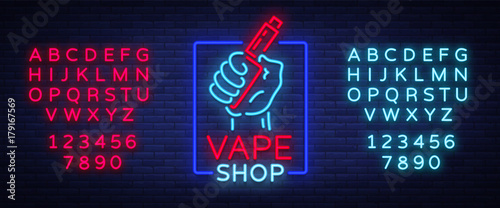 Vape shop neon icon, logo isolated Vector illustration. Neon sign, a night glowing banner selling electronic cigarettes. Editing text neon sign
