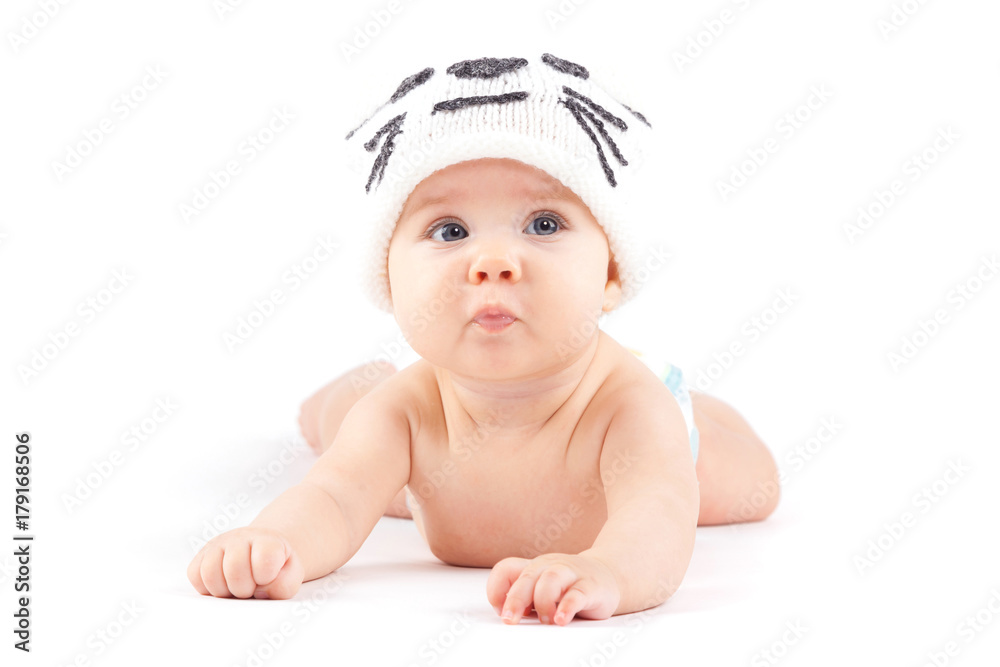 cute little boy in white diaper and cat hat cute little boy in white diaper and cat hat