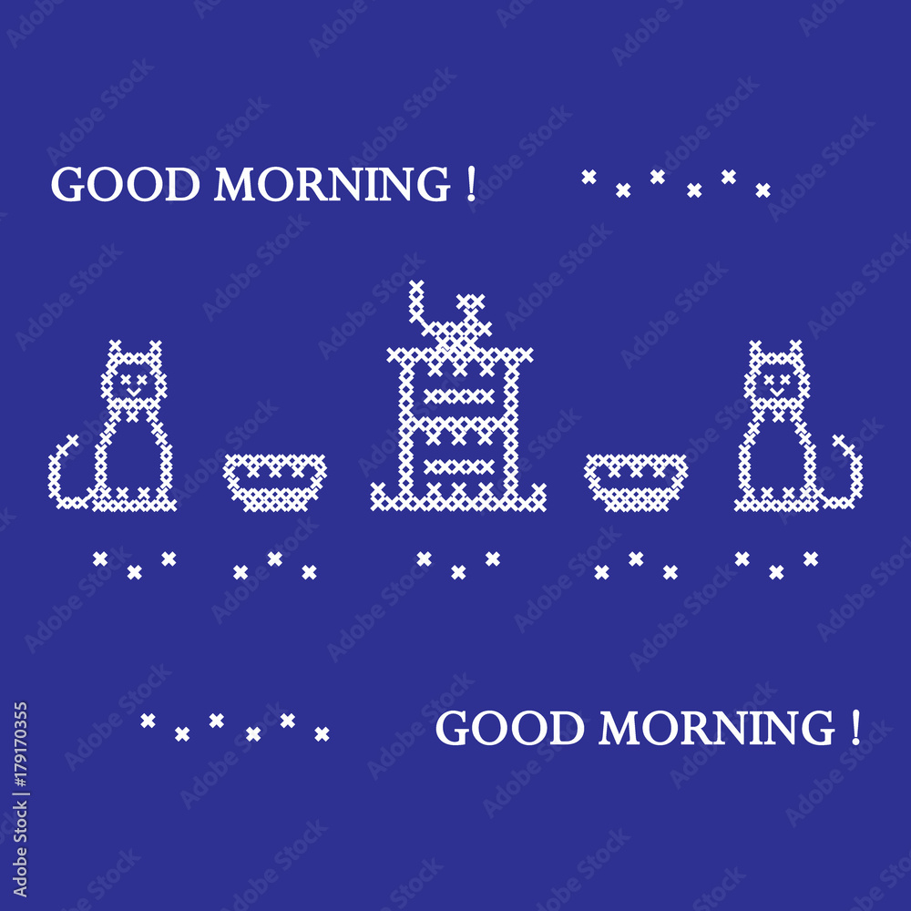 Cute vector illustration cross embroidery of teapot with two cups and two cats. Cute vector illustration cross embroidery of teapot with two cups and two cats.