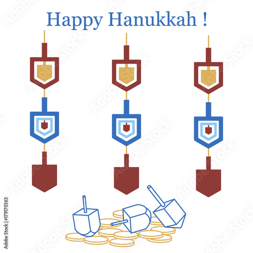 Jewish holiday Hanukkah: dreidel, sivivon, coins and paper garland. photo