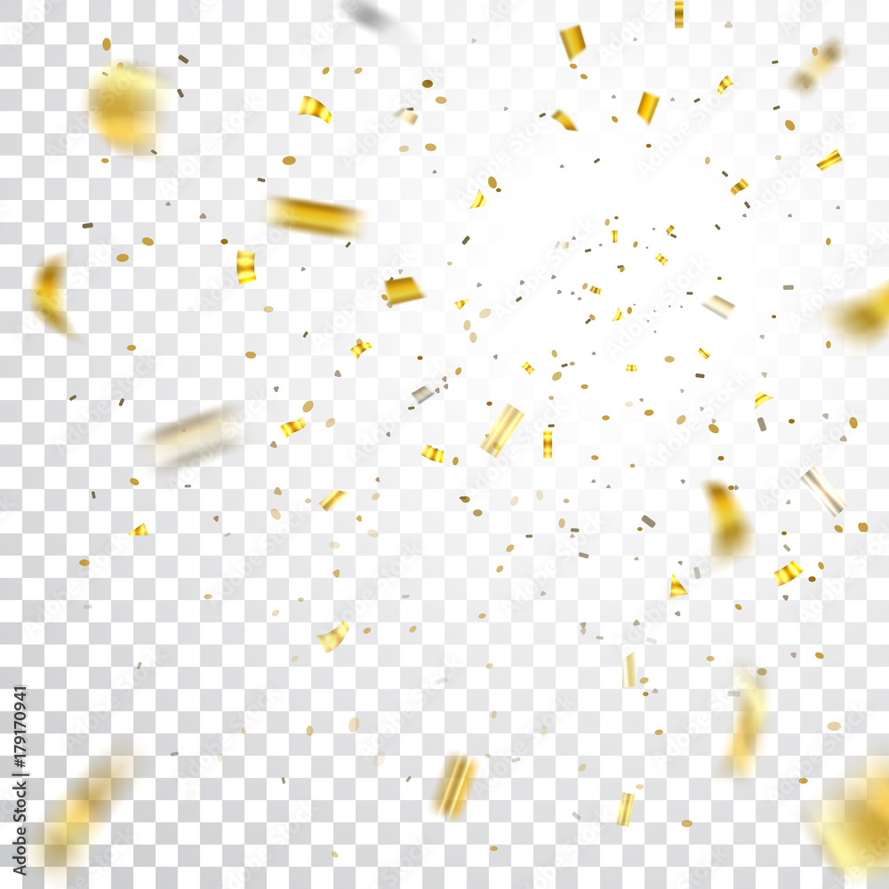 Gold confetti explosion celebration isolated on transparent background. Falling golden abstract decoration party, birthday celebrate or Christmas, New Year Festival decor Vector illustration Gold confetti explosion celebration isolated on transparent background. Falling golden abstract decoration party, birthday celebrate or Christmas, New Year Festival decor Vector illustration