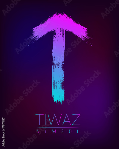 Rune Scandinavia is a Tiwaz riches vector illustration. Symbol of Futhark letters. Brush stripes with trend gradient blue pink color on blur dark background. Magic and mystery sign. Spiritual