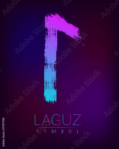 Rune Scandinavia is a Laguz riches vector illustration. Symbol of Futhark letters. Brush stripes with trend gradient blue pink color on blur dark background. Magic and mystery sign. Spiritual photo