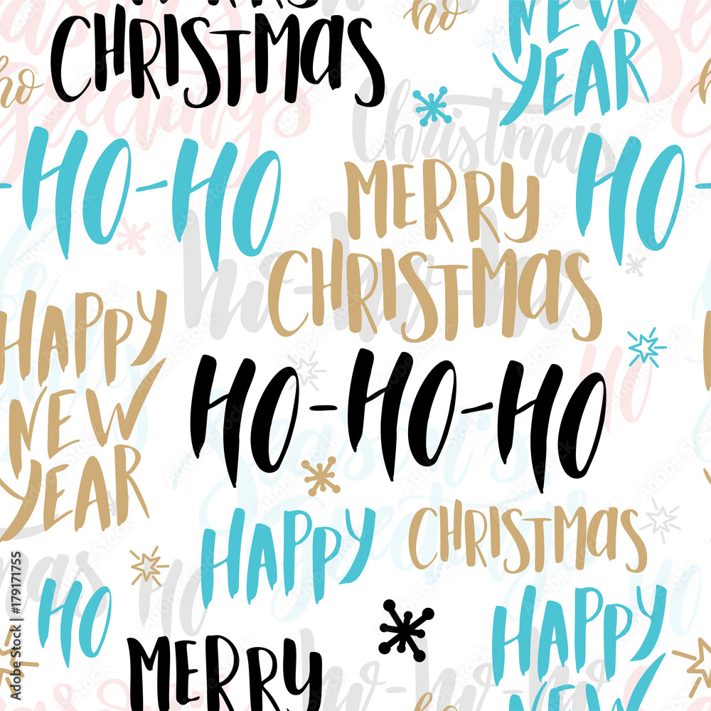 Fototapeta premium Christmas seamless pattern. Background with hand drawn lettering. Vector design illustration