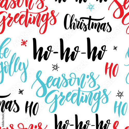 Christmas seamless pattern. Background with hand drawn lettering. Vector design illustration