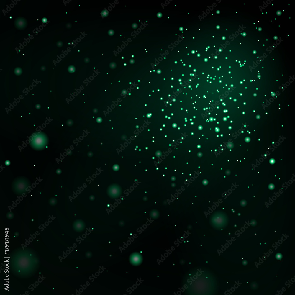 Fototapeta premium Green stars black night sky background. Abstract bokeh glowing space design. Starry milky way. Galaxy starlight shine sparkle. Golden shiny fantasy glow in dark Vector illustration