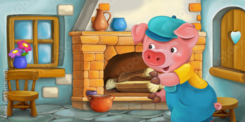 Quadro su tela Cartoon scene of a pig in the kitchen and watching eye in the wooden window - il
