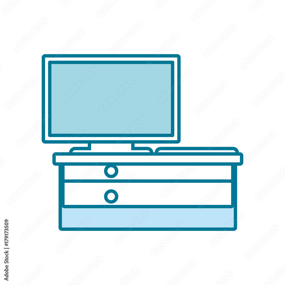 flat line colored desk with screen over white background vector illustration flat line colored desk with screen over white background vector illustration