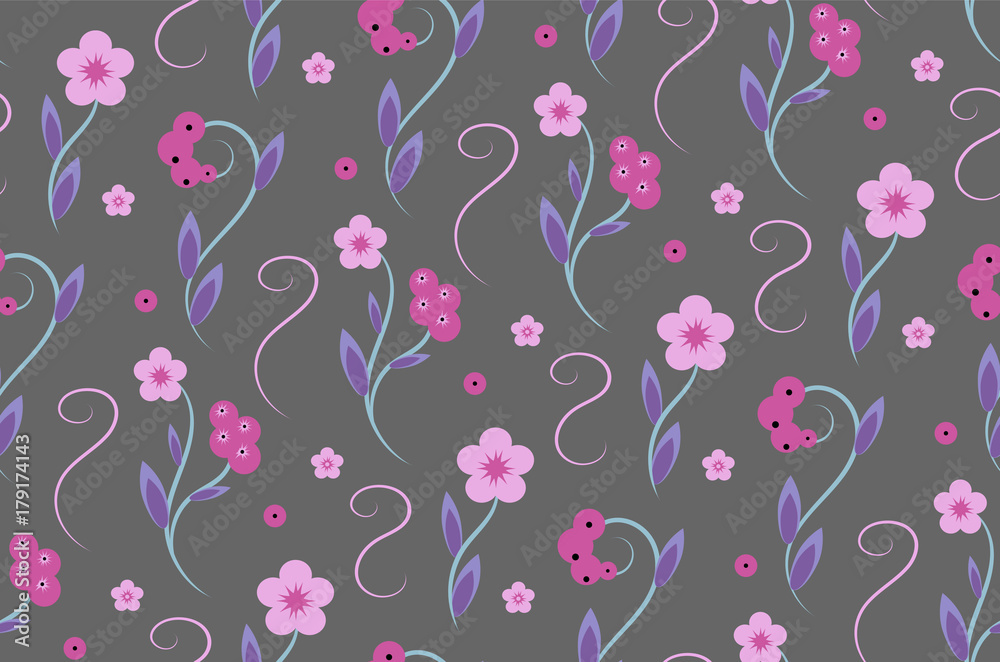 tender pink and blue flowers on a gray background. Seamless pattern