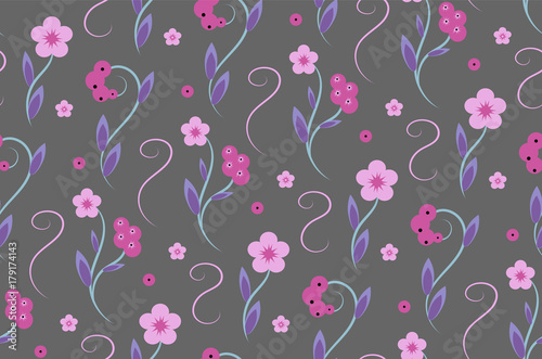 tender pink and blue flowers on a gray background. Seamless pattern