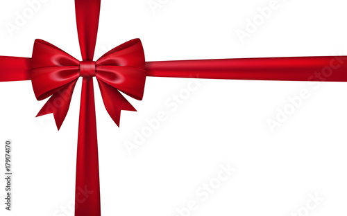 Gift bow ribbon silk. Red bow tie isolated on white background. 3D gift bow tie for Christmas present, holiday decoration, birthday celebration. Decorative satin ribbon element Vector illustration