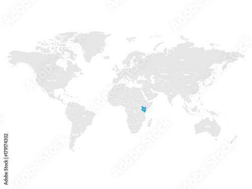 Kenya marked by blue in grey World political map. Vector illustration.