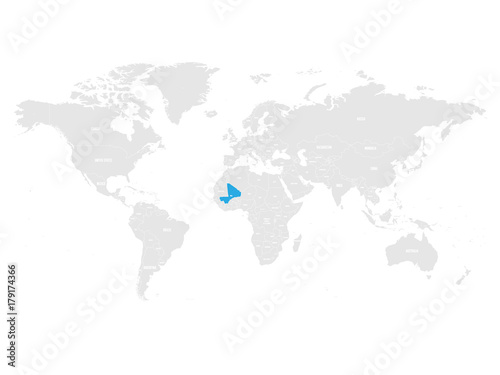 Mali marked by blue in grey World political map. Vector illustration.