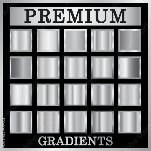 Silver gradient backgrounds set. Silver design texture for ribbon, frame, banner. Abstract silver gradient template. Metal steel plate. Metallic chrome pattern collection Vector illustration