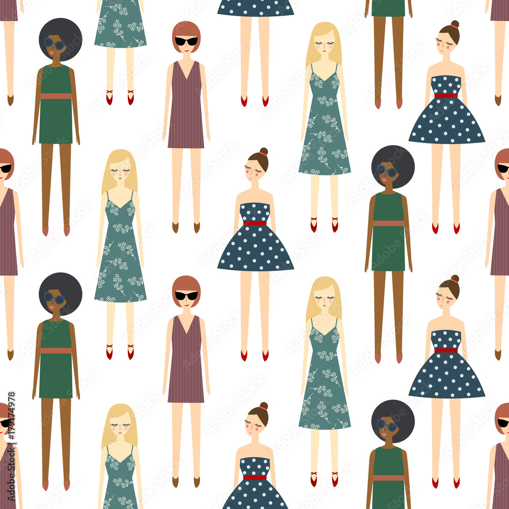Cute girls in trendy dresses seamless pattern on white background. Summer  illustration with multinational women. Fashion design for textile, wallpaper,  fabric, decor. Stock Vector | Adobe Stock