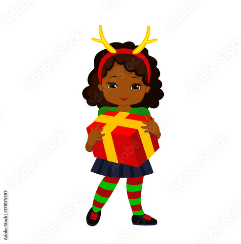 Christmas girl in a deer suit is holding a gift. Vector illustration isolated on white background.