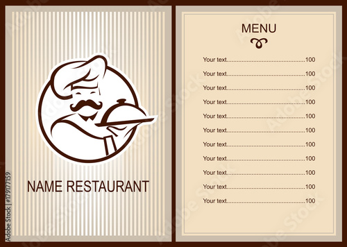 Menu design with whiskered cook and plate. Brochure template for restaurant. Vector image.