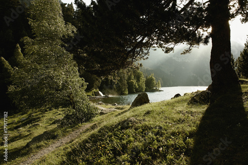 Lake and green trees in the mountains of Pyrenees photo