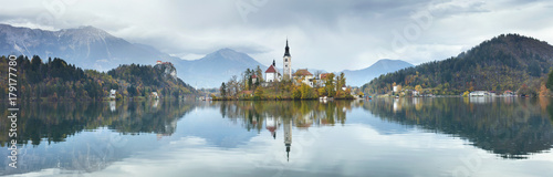 panorama with church on the iseland in Slovenia © sergejson