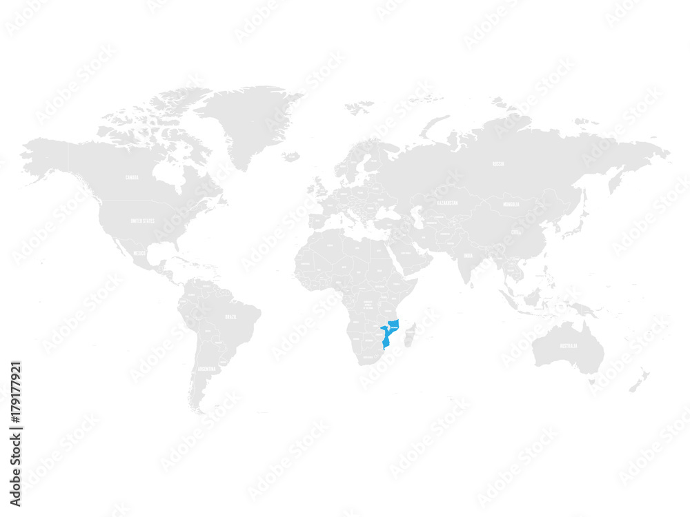 Mozambique marked by blue in grey World political map. Vector illustration.
