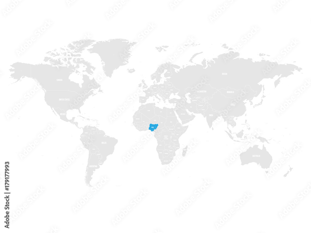 Nigeria marked by blue in grey World political map. Vector illustration.