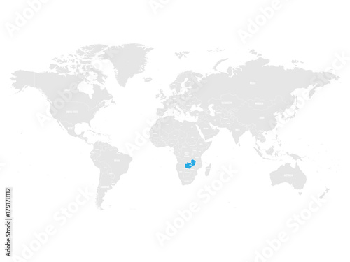 Zambia marked by blue in grey World political map. Vector illustration.