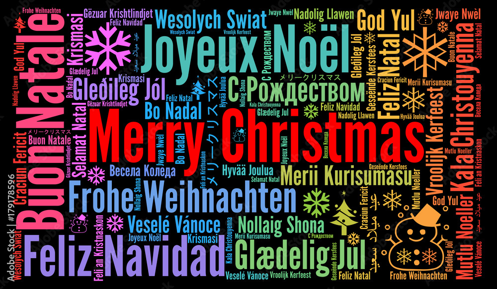 Merry Christmas in different languages word cloud 