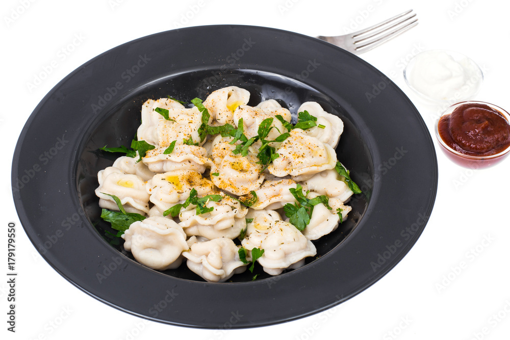 Boiled dumplings in plate on white background Boiled dumplings in plate on white background