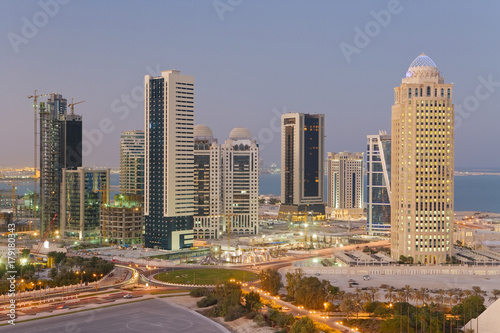 Qatar, Middle East, Arabian Peninsula, Doha, new skyline of the West Bay central financial district of Doha photo