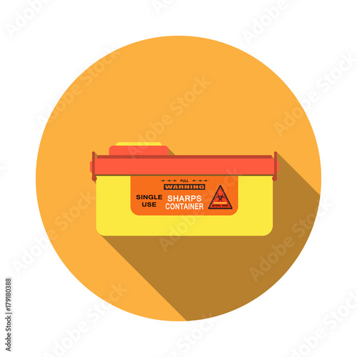 Vector isolated icon of sharps container with detachable lid and sticker with biohazard sign on the orange background with shadow.